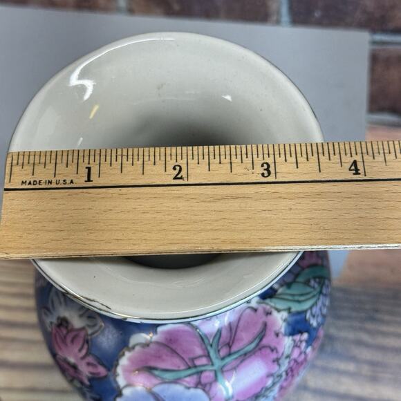 Vintage Chinoiserie Asian Floral Bouquet Blue Watercolor Floral Vase Gold Detail - Picture 5 of 6